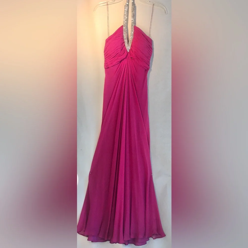 VINTAGE Pink empire waist silk maxi dress halter top deep V neck rhinestones Sz6 - Picture 5 of 14